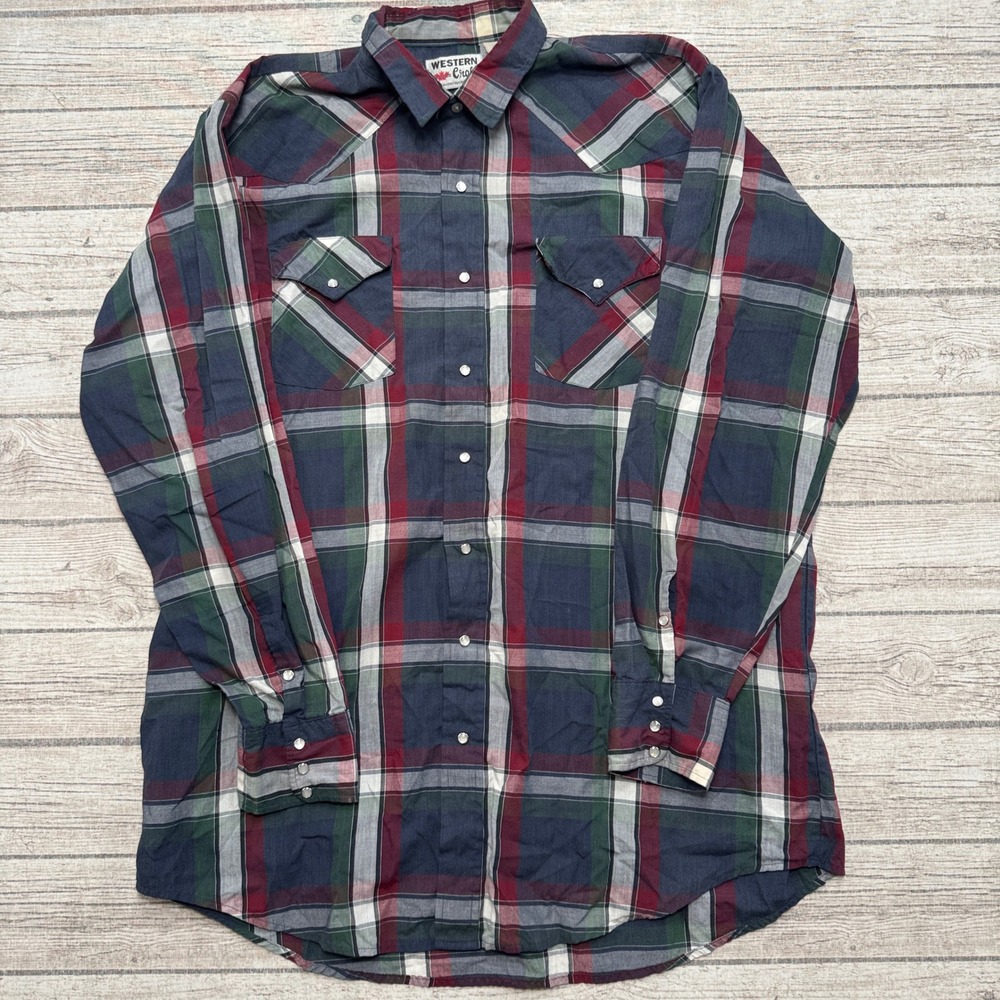 Vintage Western Craft Shirt Men's 2XL Blue Plaid Pearl Snap Long Sleeve Canada